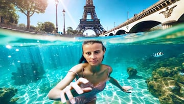 Laura Marino en Escape, buceando con la Torre Eiffel detrás.