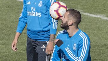 Benzema, en un entrenamiento con el Real Madrid.