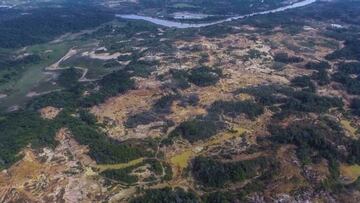 This handout picture released by Antioquia's Government shows an aerial view of a forest destroyed by illegal miners in Bajo Cauca, Antioquia department, Colombia, on March 6, 2023. - Illegal miners blocked roads and harassed communities in northwest Colombia Monday, on the fifth day of protests against a government crackdown on their operations, the governor of the Antioquia department said. (Photo by Antioquia Government / AFP) (Photo by -/Antioquia Government/AFP via Getty Images)