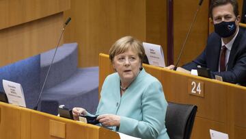08 July 2020, Belgium, Br&uuml;ssel: German Chancellor Angela Merkel (CDU), President of the European Council, sits in the European Parliament. Germany has held the six-month Presidency of the Council of the European Union since 1 July.  *** Local Caption