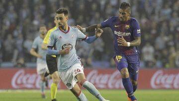 Brais Méndez conduce el balón en presencia de Paulinho.