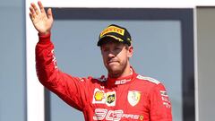 MONTREAL, QUEBEC - JUNE 09: Second placed Sebastian Vettel of Germany and Ferrari celebrates on the podium during the F1 Grand Prix of Canada at Circuit Gilles Villeneuve on June 09, 2019 in Montreal, Canada.   Mark Thompson/Getty Images/AFP
 == FOR NEWSPAPERS, INTERNET, TELCOS &amp; TELEVISION USE ONLY ==