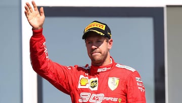 MONTREAL, QUEBEC - JUNE 09: Second placed Sebastian Vettel of Germany and Ferrari celebrates on the podium during the F1 Grand Prix of Canada at Circuit Gilles Villeneuve on June 09, 2019 in Montreal, Canada. Mark Thompson/Getty Images/AFP
== FOR NEWSPAPERS, INTERNET, TELCOS & TELEVISION USE ONLY ==