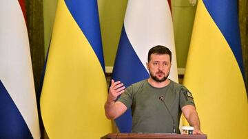 Ukrainian President Volodymyr Zelensky gestures while addressing a press conference with Netherland's Prime Minister, following talks in Kyiv on July 11, 2022. (Photo by Sergei SUPINSKY / AFP) (Photo by SERGEI SUPINSKY/AFP via Getty Images)