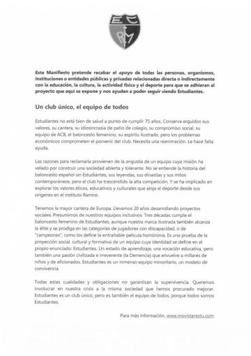 Manifiesto del Movistar Estudiantes: 'un club único, el equipo de todos'.