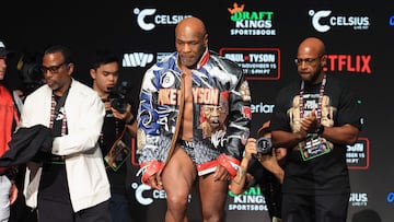 IRVING, TEXAS - NOVEMBER 14: Mike Tyson is introduced during his ceremonial weigh-in at The Pavilion at Toyota Music Factory on November 14, 2024 in Irving, Texas. Tyson is scheduled to meet Jake Paul in a heavyweight bout on November 15 at AT&T Stadium in Arlington, Texas. Christian Petersen/Getty Images/AFP (Photo by Christian Petersen / GETTY IMAGES NORTH AMERICA / Getty Images via AFP)