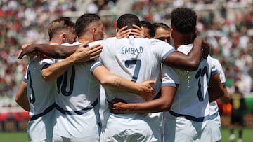 Switzerland forward #7 Breel Embolo celebrates his goal against Mexico with teamates during the MexTour soccer match between Mexico and Switzerland at Rice-Eccles Stadium in Salt Lake City, Utah on Saturday, June 7, 2025. (Photo by Jeffrey D. Allred / AFP)