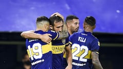 BUENOS AIRES, ARGENTINA - FEBRUARY 14:  Carlos Izquierdoz of Boca Juniors celebrates with teammates after scoring the first goal of his team during a match between Boca Juniors and Gimnasia Y Esgrima La Plata as part of Copa de la Liga Profesional 2021 at