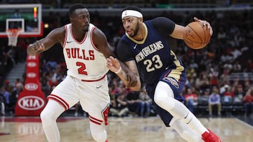 Oct 8, 2017; Chicago, IL, USA; New Orleans Pelicans forward Anthony Davis (23) drives to the basket against Chicago Bulls guard Jerian Grant (2) during the first half at United Center. Mandatory Credit: Kamil Krzaczynski-USA TODAY Sports