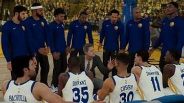 Steve Kerr habla con sus jugadores durante un tiempo muerto.