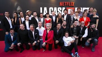 Ted Sarandos, Francisco Ramos, Diego Avalos, Alvaro Morte, Pedro Alonso, Ursula Corbero, Miguel Herran, Jesus Colmenar, Alex Pina, Esther Acebo, Enrique Arce, Jaime Llorente, Hovik Keuchkerian, Najwa Nimri, Darko Peric, Itziar Ituno, Alba Flores, Luka Peros, Naia Guz, Rodrigo de la serna, Mario de la Rosa and Koldo Serra posando en el photocall de la premier de la tercera temporada de &#039;La Casa de Papel&#039; el 11 de julio del 2019 en Madrid.