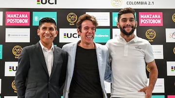 Nairo Quintana, Rigoberto Urán y Fernando Gaviria durante la presentación oficial de la carrera UCI 2.1 Colombia Oro y Paz
