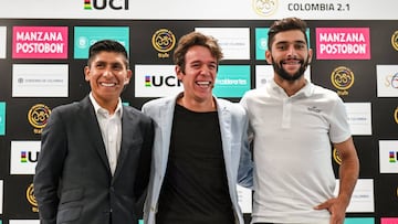 Nairo Quintana, Rigoberto Ur&aacute;n y Fernando Gaviria durante la presentaci&oacute;n oficial de la carrera UCI 2.1 Colombia Oro y Paz