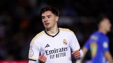 ARANDA DE DUERO (BURGOS), 06/01/2024.- El centrocampista del Real Madrid Brahim Díaz durante el partido de dieciseisavos de final de la Copa del Rey que Arandina y Real Madrid disputan hoy sábado en el estadio El Montecillo, en Aranda de Duero. EFE/ Mariscal
