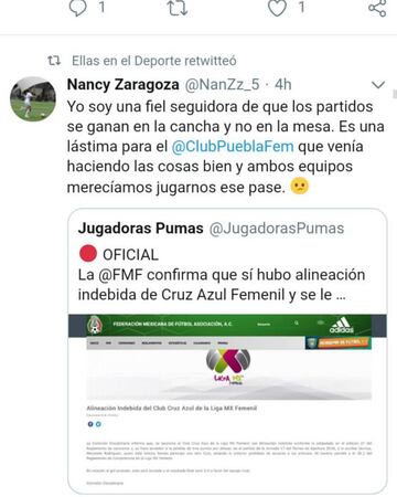 En redes sociales, Nancy Zaragoza, jugadora de Pumas Femenil, habló sobre lo lamentable que fue que el equipo se ganará el pase a cuartos de final sobre la mesa y no en la cancha.