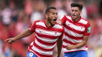 GRANADA, SPAIN - AUGUST 21: Luis Suarez of Granada CF celebrates after scoring his team's first goal during the La Liga Santander match between Granada CF and Valencia CF at Nuevo Estadio de Los Carmenes on August 21, 2021 in Granada, Spain. (Photo b