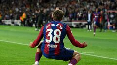 Barcelona's Spanish forward #38 Marc Guiu celebrates after scoring his team's first goal during the Spanish league football match between FC Barcelona and Athletic Club Bilbao at the Estadi Olimpic Lluis Companys in Barcelona on October 22, 2023. (Photo by Josep LAGO / AFP)