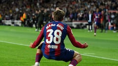 Barcelona's Spanish forward #38 Marc Guiu celebrates after scoring his team's first goal during the Spanish league football match between FC Barcelona and Athletic Club Bilbao at the Estadi Olimpic Lluis Companys in Barcelona on October 22, 2023. (Photo by Josep LAGO / AFP)