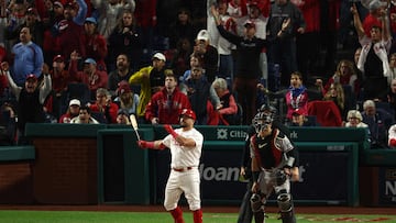 PHILADELPHIA, PENNSYLVANIA - OCTOBER 17: Kyle Schwarber #12 of the Philadelphia Phillies hits a sixth inning solo home run in front of Gabriel Moreno #14 of the Arizona Diamondbacks during Game Two of the Championship Series at Citizens Bank Park on October 17, 2023 in Philadelphia, Pennsylvania. Elsa/Getty Images/AFP (Photo by ELSA / GETTY IMAGES NORTH AMERICA / Getty Images via AFP)