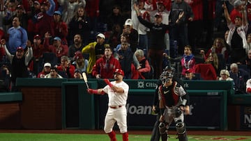 PHILADELPHIA, PENNSYLVANIA - OCTOBER 17: Kyle Schwarber #12 of the Philadelphia Phillies hits a sixth inning solo home run in front of Gabriel Moreno #14 of the Arizona Diamondbacks during Game Two of the Championship Series at Citizens Bank Park on October 17, 2023 in Philadelphia, Pennsylvania.   Elsa/Getty Images/AFP (Photo by ELSA / GETTY IMAGES NORTH AMERICA / Getty Images via AFP)