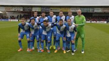 La formaci&oacute;n del Sabadell, con Clerc, Kiko Olivas y An&iacute;bal, antes del encuentro ante el Mirand&eacute;s.