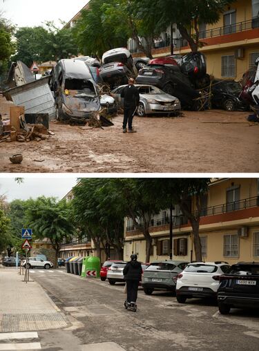 Imagen superior: Un hombre observa las pilas de autos arrastrados en una calle del municipio de Alfafar. Imagen inferior: Situación de la misma calle en la actualidad. 
