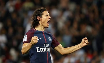 Soccer Football - Ligue 1 - Paris St Germain vs AS Saint-Etienne - Paris, France - August 25, 2017 Paris Saint-Germain’s Edinson Cavani celebrates scoring their third goal