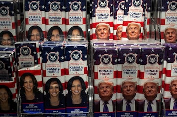 Chocolate bars with the faces of Democratic presidential nominee U.S. Vice President Kamala Harris and Republican presidential nominee and former U.S. President Donald Trump are displayed at a store in John F. Kennedy International Airport, New York, U.S., October 25, 2024. REUTERS/Eloisa Lopez     TPX IMAGES OF THE DAY