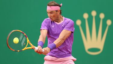 MONTE-CARLO, MONACO - APRIL 14: Rafael Nadal of Spain plays a backhand shot during their Round 32 match against Federico Delbonis of Argentina during day four of the Rolex Monte-Carlo Masters at Monte-Carlo Country Club on April 14, 2021 in Monte-Carlo, M