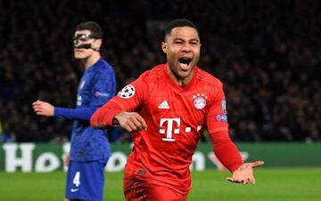 Gnabry celebrates after scoring against Chelsea.