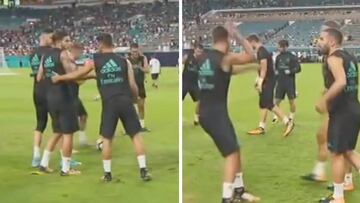 Asensio introduces Theo to the art of Madrid's piggy in the middle workouts