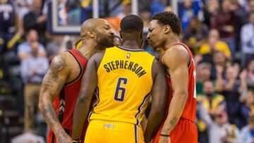 Apr 4, 2017; Indianapolis, IN, USA; Toronto Raptors forward PJ Tucker (2) and guard DeMar DeRozan (10) get into an altercation with Indiana Pacers guard Lance Stephenson (6) in the second half of the game at Bankers Life Fieldhouse. The Pacers beat the Raptors 108-90. Mandatory Credit: Trevor Ruszkowski-USA TODAY Sports