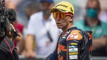 ASSEN, NETHERLANDS - JUNE 27: Raul Fernandez of Spain and Red Bull KTM Ajo celebrates the victory under the podium during the Moto2 race during the MotoGP of Netherlands - Race at TT Circuit Assen on June 27, 2021 in Assen, Netherlands. (Photo by Mirco Lazzari gp/Getty Images)