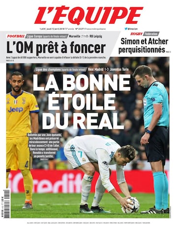 L'Équipe (Francia): "La buena estrella del Real. Zarandeado por una Juve magnífica, los madrileños conservaron milagrosamente una parte de su ventaja (3-0) en la ida. En el tiempo adicional, Cristiano transformó un penalti justificado".