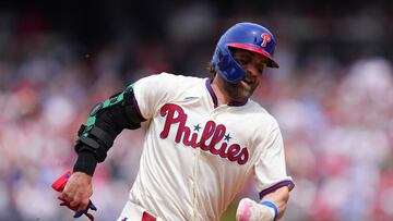 PHILADELPHIA, PA - MAY 7: Bryce Harper #3 of the Philadelphia Phillies runs to third base on his way to scoring a run in the bottom of the fourth inning against the Boston Red Sox at Citizens Bank Park on May 7, 2023 in Philadelphia, Pennsylvania. The Phillies defeated the Red Sox 6-1.   Mitchell Leff/Getty Images/AFP (Photo by Mitchell Leff / GETTY IMAGES NORTH AMERICA / Getty Images via AFP)