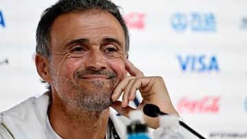 Spain's coach Luis Enrique gives a press conference at the Qatar National Convention Center (QNCC) in Doha, on November 22, 2022, on the eve of the Qatar 2022 World Cup football tournament Group E match between Spain and Costa Rica. (Photo by JAVIER SORIANO / AFP) (Photo by JAVIER SORIANO/AFP via Getty Images)