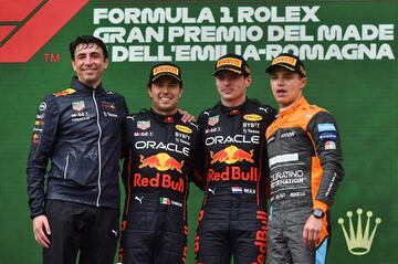 Max Verstappen, Sergio Pérez y Lando Norris.