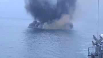 A still image from video, released by Russia's Defence Ministry, shows what it said to be the exploding Ukrainian uncrewed speedboat that attacked the Russian warship Ivan Khurs in the Black Sea near the Bosphorus strait, in this image taken from handout footage released May 24, 2023. Russian Defence Ministry/Handout via REUTERS ATTENTION EDITORS - THIS IMAGE WAS PROVIDED BY A THIRD PARTY. NO RESALES. NO ARCHIVES. MANDATORY CREDIT.