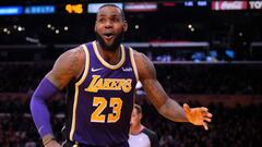 LOS ANGELES, CA - DECEMBER 05: LeBron James #23 of the Los Angeles Lakers reacts after his blocking foul during a 121-113 win over the San Antonio Spurs at Staples Center on December 5, 2018 in Los Angeles, California. NOTE TO USER: User expressly acknowledges and agrees that, by downloading and or using this photograph, User is consenting to the terms and conditions of the Getty Images License Agreement.   Harry How/Getty Images/AFP
 == FOR NEWSPAPERS, INTERNET, TELCOS &amp; TELEVISION USE ONLY ==