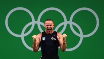 RIO DE JANEIRO, BRAZIL - AUGUST 12:  Oleksandr Pielieshenko of Ukraine reacts during the Weightlifting - Men's 85kg on Day 7 of the Rio 2016 Olympic Games at Riocentro - Pavilion 2 on August 12, 2016 in Rio de Janeiro, Brazil.  (Photo by Mike Ehrmann/Getty Images)