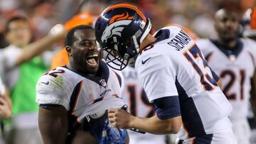 Aug 19, 2017; Santa Clara, CA, USA; Denver Broncos running back C.J. Anderson (22) celebrates with quarterback Trevor Siemian (13) after throwing or a touchdown pass during the second quarter at Levi's Stadium. Mandatory Credit: Sergio Estrada-USA TODAY Sports