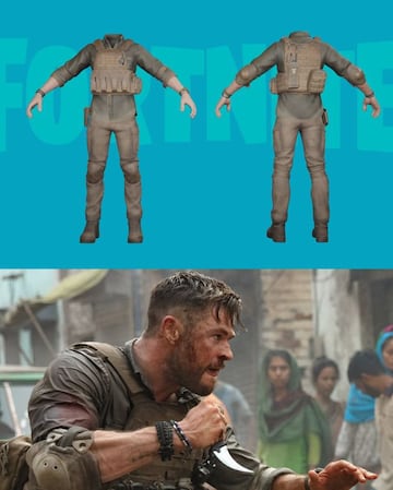 El modelo del skin Tyler Rake en Fortnite, y un fotograma de la pel&iacute;cula