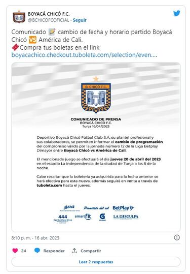 Chicó - América, pendiente de la decisión de Dimayor