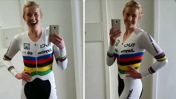 La ciclista australiana Jessica Gallagher ya luce el maillot arcoiris de campeona del mundo paralímpica de ciclismo en pista.