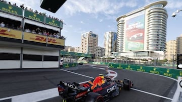 Red Bull's Mexican driver Sergio Perez steers his car during the qualifying session for the Formula One Azerbaijan Grand Prix at the Baku City Circuit in Baku on June 11, 2022. (Photo by HAMAD I MOHAMMED / POOL / AFP) (Photo by HAMAD I MOHAMMED/POOL/AFP via Getty Images)