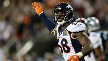 SANTA CLARA, CA - FEBRUARY 07: Von Miller #58 of the Denver Broncos reacts while playing against the Carolina Panthers during Super Bowl 50 at Levi's Stadium on February 7, 2016 in Santa Clara, California. Patrick Smith/Getty Images/AFP
== FOR NEWSPAPERS, INTERNET, TELCOS & TELEVISION USE ONLY ==