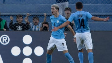 Israel's forward Dor Turgeman (L) celebrates after scoring his team's third goal during extra-time of the Argentina 2023 U-20 World Cup quarter-final football match between Israel and Brazil at the San Juan del Bicentenario stadium in San Juan, Argentina, on June 3, 2023. (Photo by Andres Larrovere / AFP)