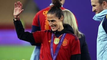Spain's coach Montserrat Tome celebrates with her medal during the podium ceremony after the UEFA Women's Nations League final football match between Spain and France at the La Cartuja stadium in Seville, on February 28, 2024. (Photo by FRANCK FIFE / AFP)