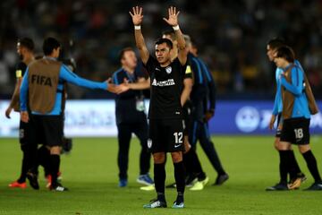 ABU DHABI, UNITED ARAB EMIRATES - DECEMBER 16: Emmanuel Garcia of CF Pachuca shows appreciation to the fans after the FIFA Club World Cup UAE 2017 third place play off match between Al Jazira and CF Pachuca at the Zayed Sports City Stadium on December 16, 2017 in Abu Dhabi, United Arab Emirates.  (Photo by Francois Nel/Getty Images)