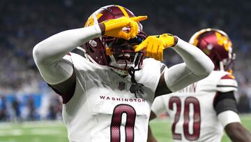 DETROIT, MICHIGAN - JANUARY 18: Mike Sainristil #0 of the Washington Commanders celebrates after an interception during the fourth quarter against the Detroit Lions in the NFC Divisional Playoff at Ford Field on January 18, 2025 in Detroit, Michigan. Nic Antaya/Getty Images/AFP (Photo by Nic Antaya / GETTY IMAGES NORTH AMERICA / Getty Images via AFP)